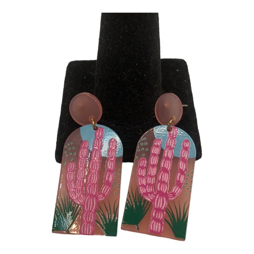 Prickly Pear Cactus Scene Post Dangle Earrings, Lightweight, Pink, Green,  Blue